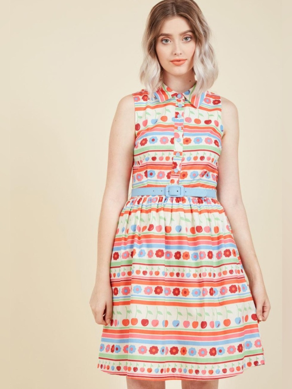 Modcloth Fits the Function Shirt Dress Cherry Stripe With Belt Size M